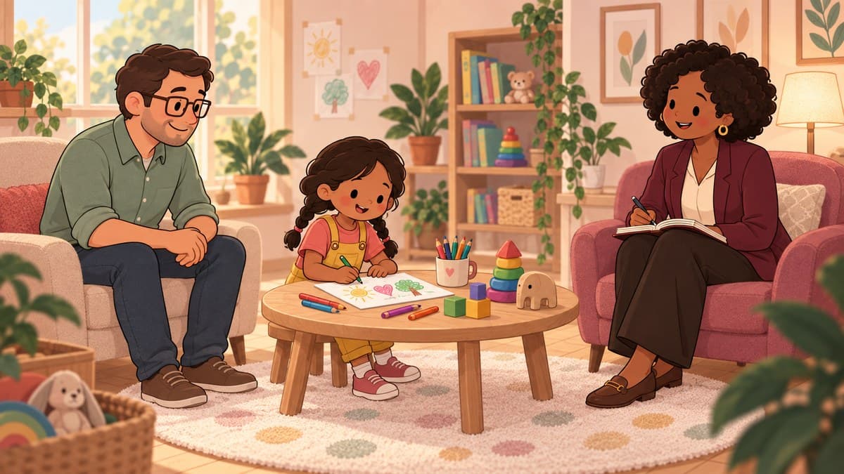 Criança desenha em uma mesa enquanto o responsável acompanha e a psicóloga observa com um caderno.